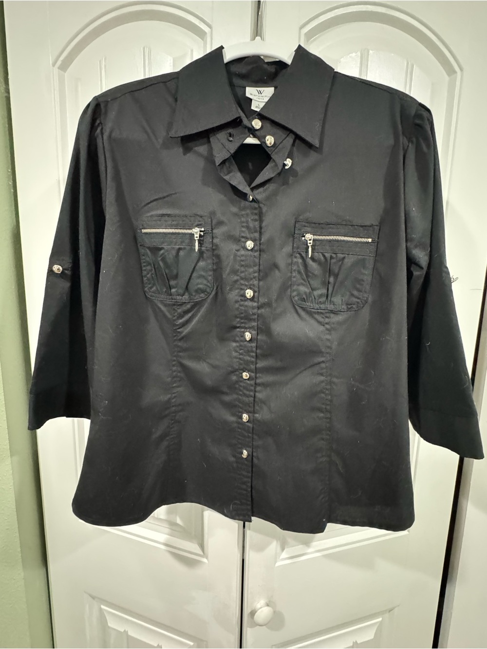 Worthington Black Button-Front Collared Blouse with Zip Pockets